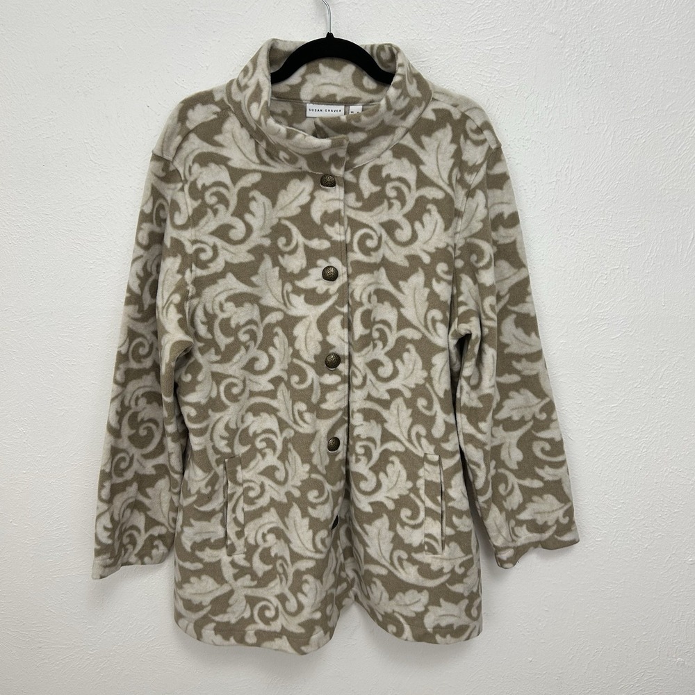 Susan Graver Women's White/Tan Floral Printed Fleece Button-Front Jacket Size XL